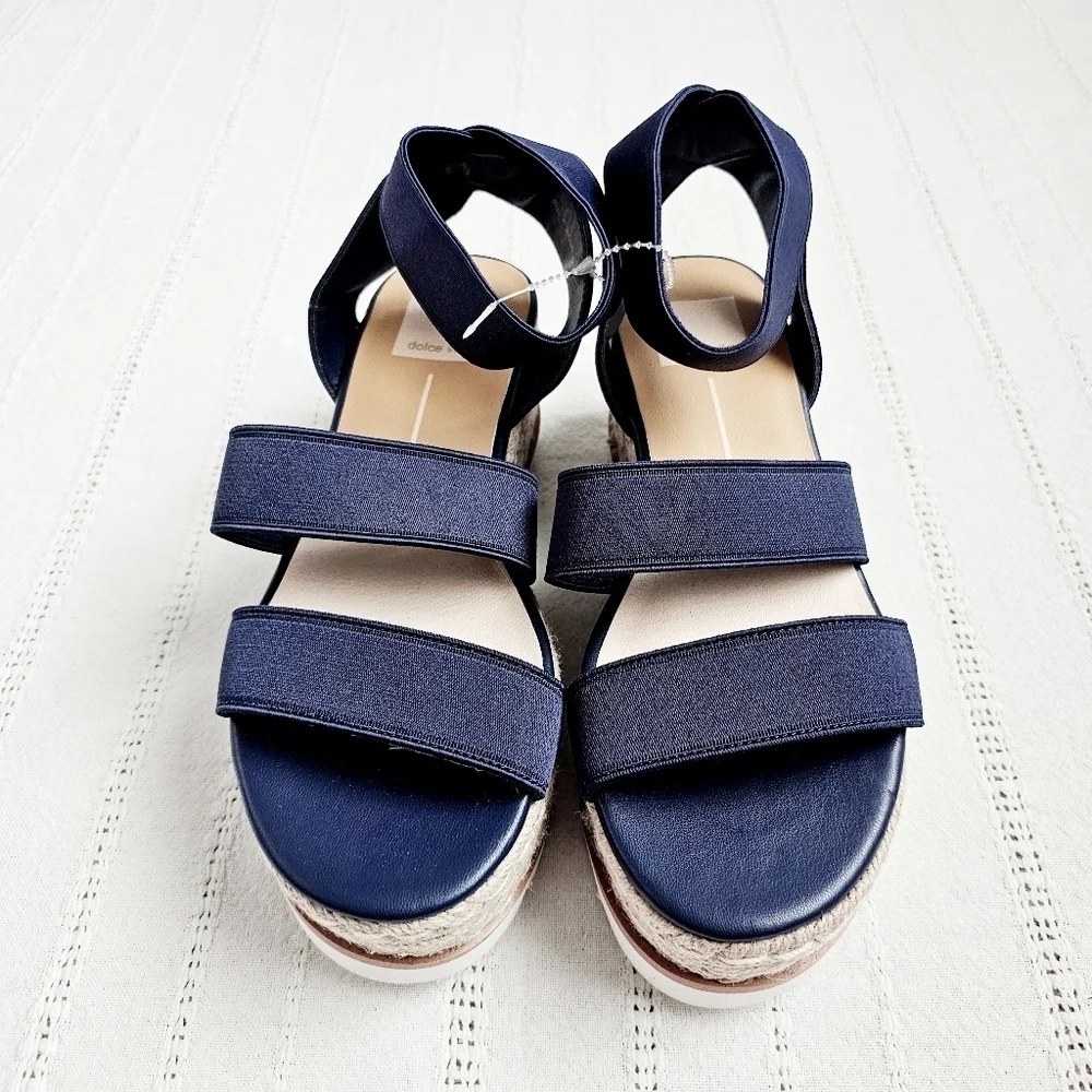Dolce Vita Espadrille Platform Sandals Shoes Elastic Ankle Straps Navy 6 NEW - Picture 3 of 10